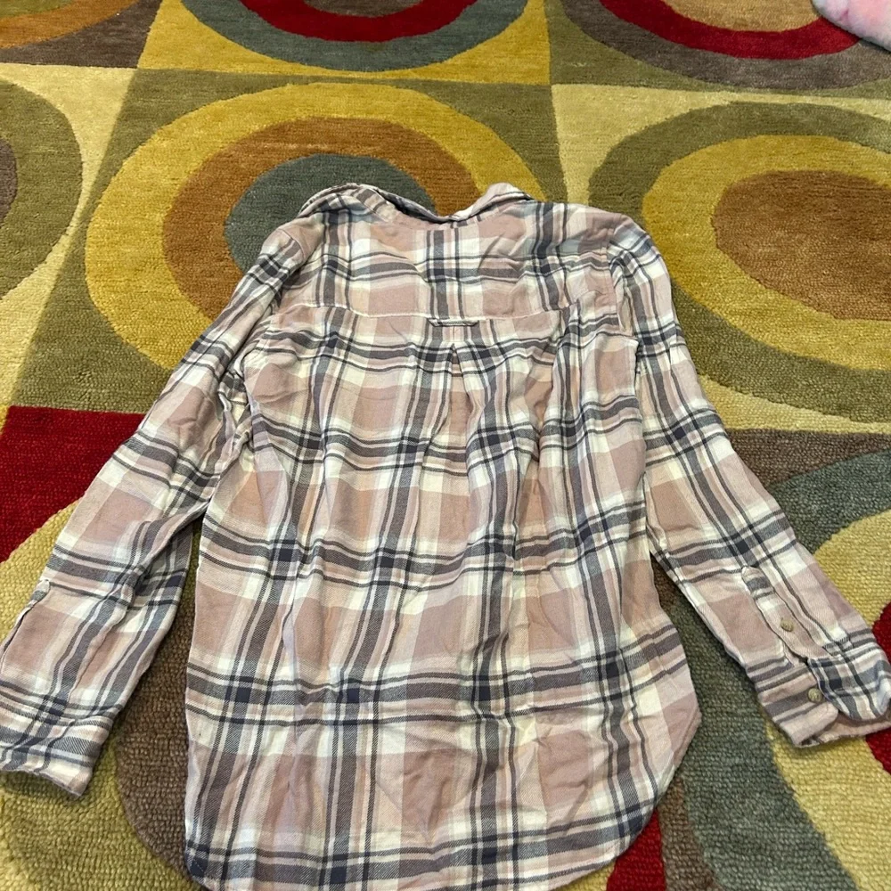 American Eagle Boyfriend Fit Flannel Plaid Button Down Shirt Pink White Small
